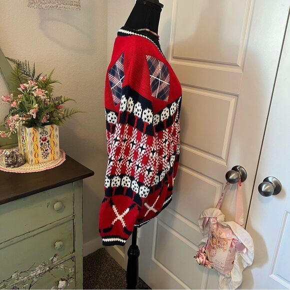 Vintage PBJ Sport 90s 80s Red Blue White Golf Prep Novelty Cardigan Sweater Sz M - Picture 12 of 16